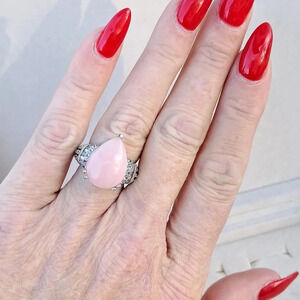 Peach Opal & Natural Diamond Ring In 925 Sterling Silver